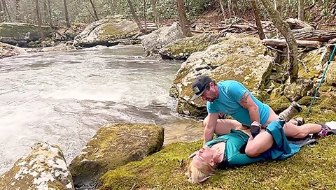 Ventures Outside For A Public Waterfall Hike And Finds A Bed Of Moss To Fuck On