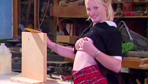 Naughty In A Mini Skirt Gets To Fuck An Older Stud In His Workshop